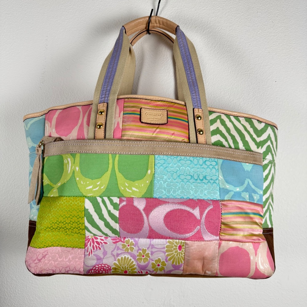 COACH Hampton Patchwork Tote Bag Multicolor Signature Leather Y2K Floral Zebra